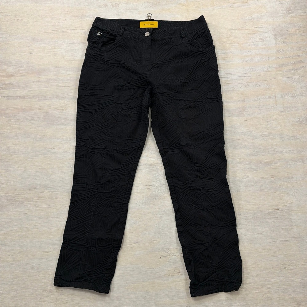 St. John Sport Pants 6 Textured Crinkle Geometric Stretch Black Womens